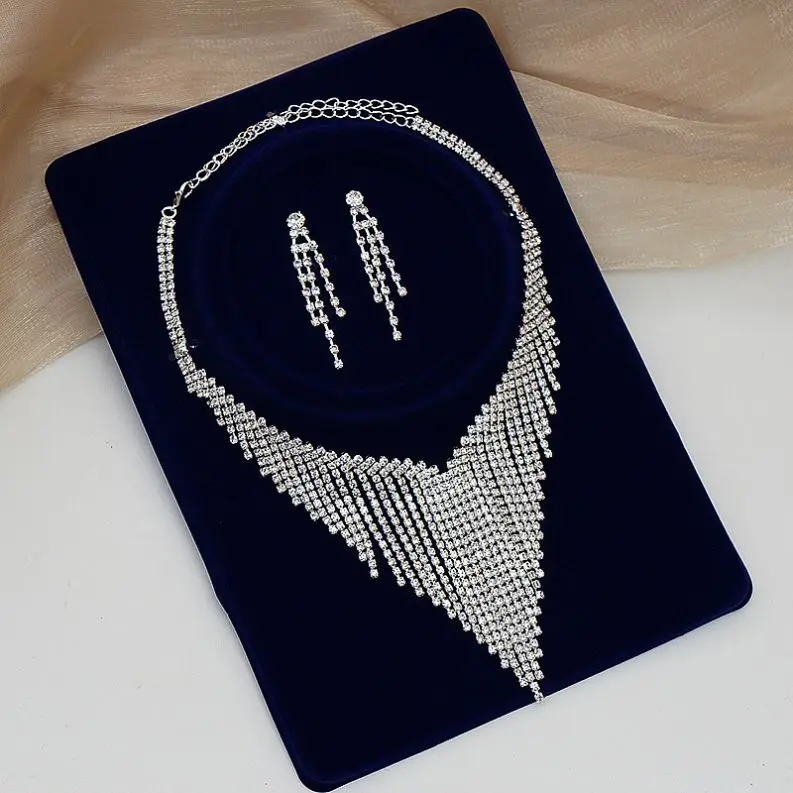 Wholesale Fashion Elegant Ladies Jewelry Full Rhinestone Tassel Collar Bone Necklace Earring Set