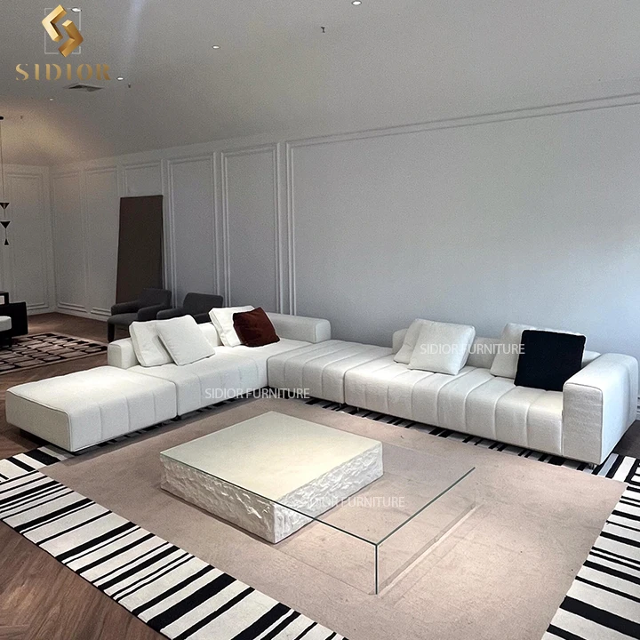 Minimalist Modern Grey Real Leather Sectional Linen Fabric Villa 8 Seater Couch Sofa Set L Shaped Corner Sofa Couch