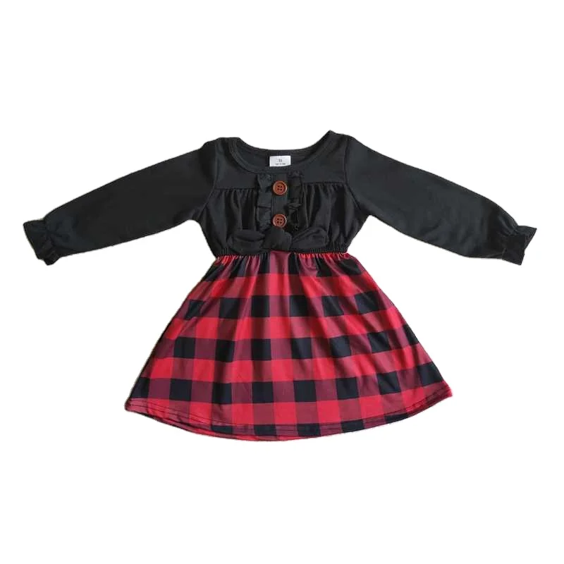 RTS New Arrivals Wholesale Clothing Kids Short Sleeve Black Red Black Plaid Dress Baby Kids Print Dress Children Daily Wearing
