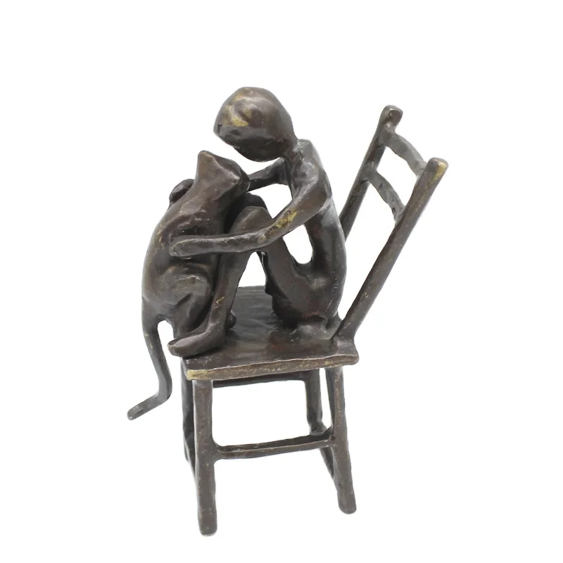 Metal cast iron boy and cat statues for home decor  creative figurine bronze sculpture