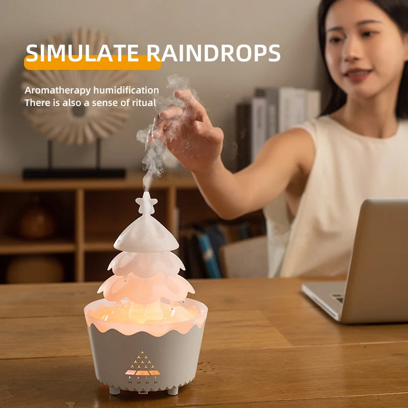 7 Changing Color Christmas Tree Humidifier Waterfall Lamp Raindrop Humidifier 250ML Aromatherapy Diffuser Rain Cloud Humidifier