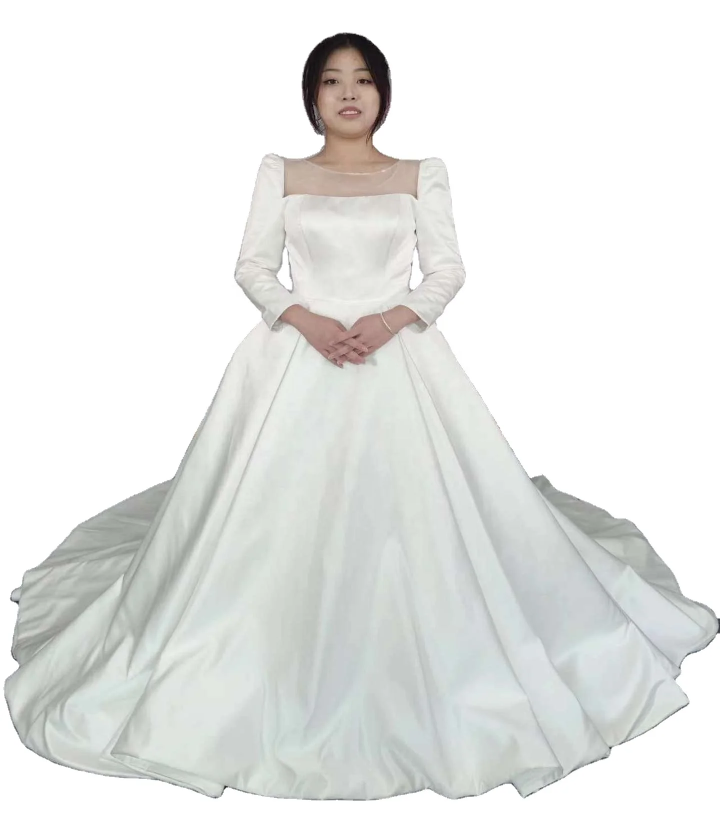 Mikado Satin Long Sleeve Wedding Dress Bridal Gown 1 Piece Woven Ball Gown Simple Modern 2023 China Guangzhou 100% Polyester