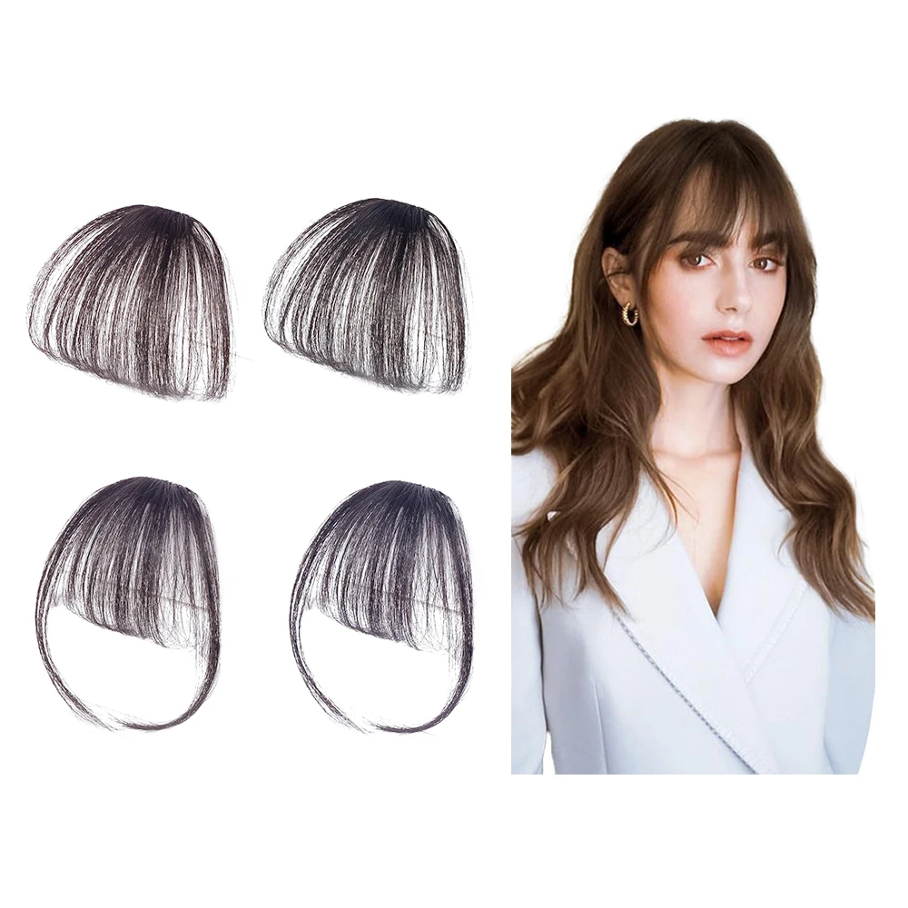 Shinein Natural Brown Blunt Cut Clip in Extension Bangs Wispy Curved 3D Air Hair Bangs Fringe with Temples Hairpieces
