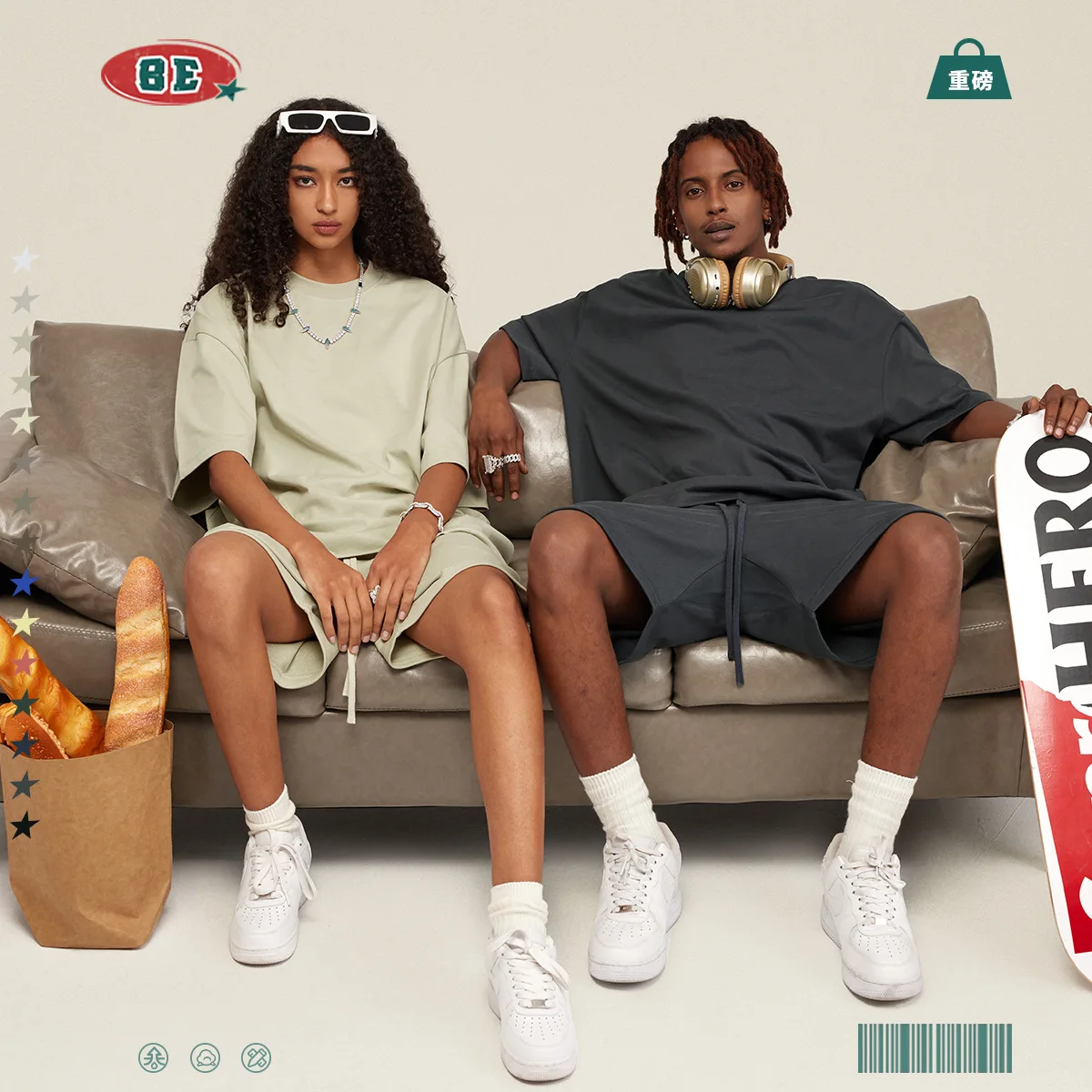Spring/Summer 305G Heavyweight Solid Color Short sleeved Shorts, European and American Loose Fashion Brand Couple T-shirt Set