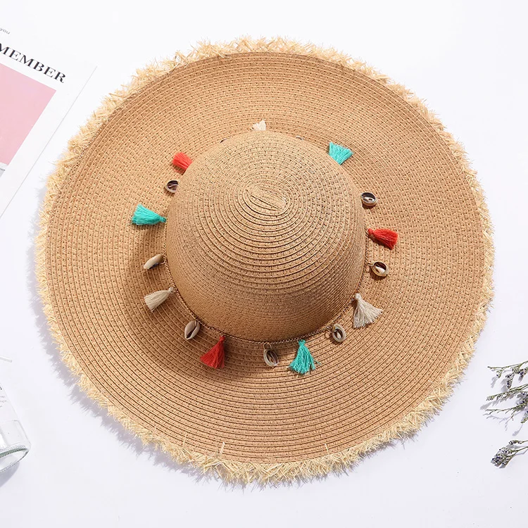 2022 New Fashion Wholesale Beauty Lady Bohemia  Sun Straw Hat Large Brim Shell  Beach String Straw Hat