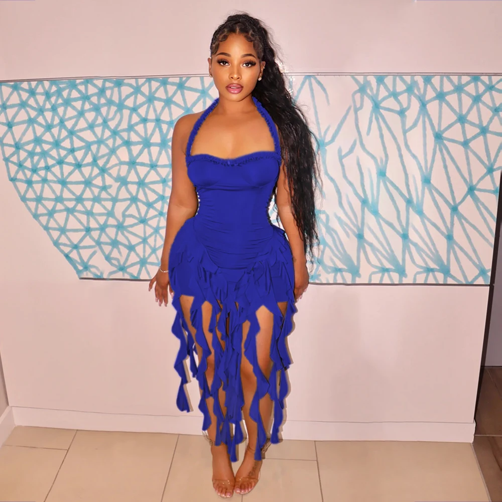 OJW071442 Sexy summer fringed tassel mini halter dresses designer short backless dress