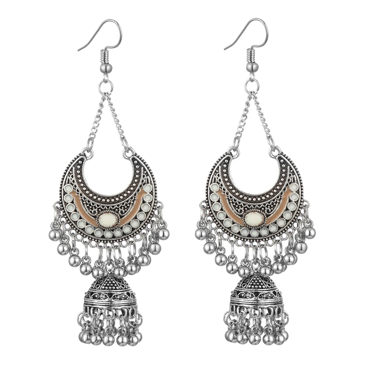 VRIUA Classic Ethnic Tassel Earrings Women Vintage Carved Turkish Silver Bells Tassel Indian Turkey Jewelry Ladies