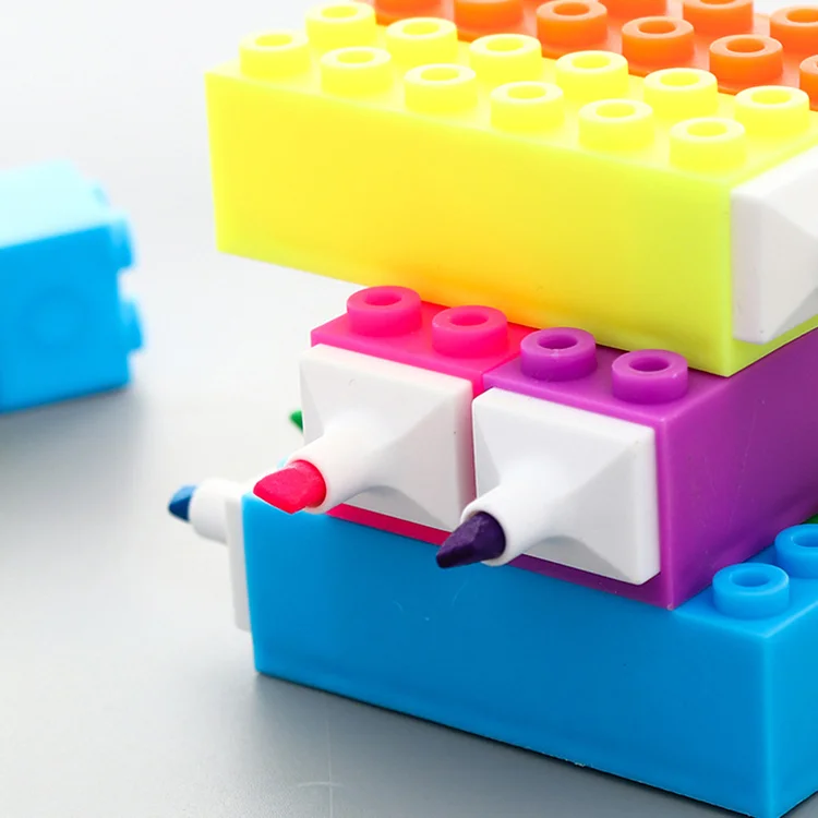 Promotional Multi Color Creative Toy Building Block Shape Highlighter Marker Pens for Kids