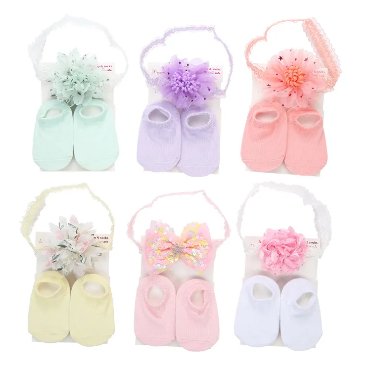 Spanish New Fancy Solid Color Princess Cute Bows Hairband Newborn Socks Set Cozy Cotton Candy Color Baby Socks Hairband Gift Set