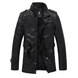 Latest Design High Quality Winter Warm Black Long  Faux Motorbike Biker Leather Fur Jackets Mens Male Motorcycle Leather Jacket