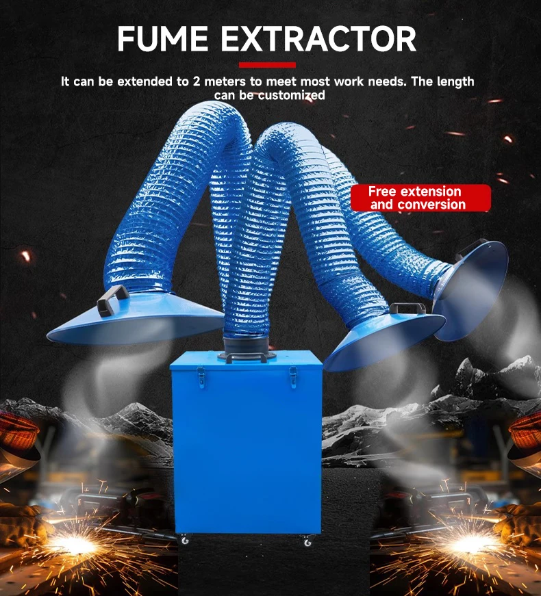Portable welding fume extractor for welding fume collection in metal fabrication manufacturing plant