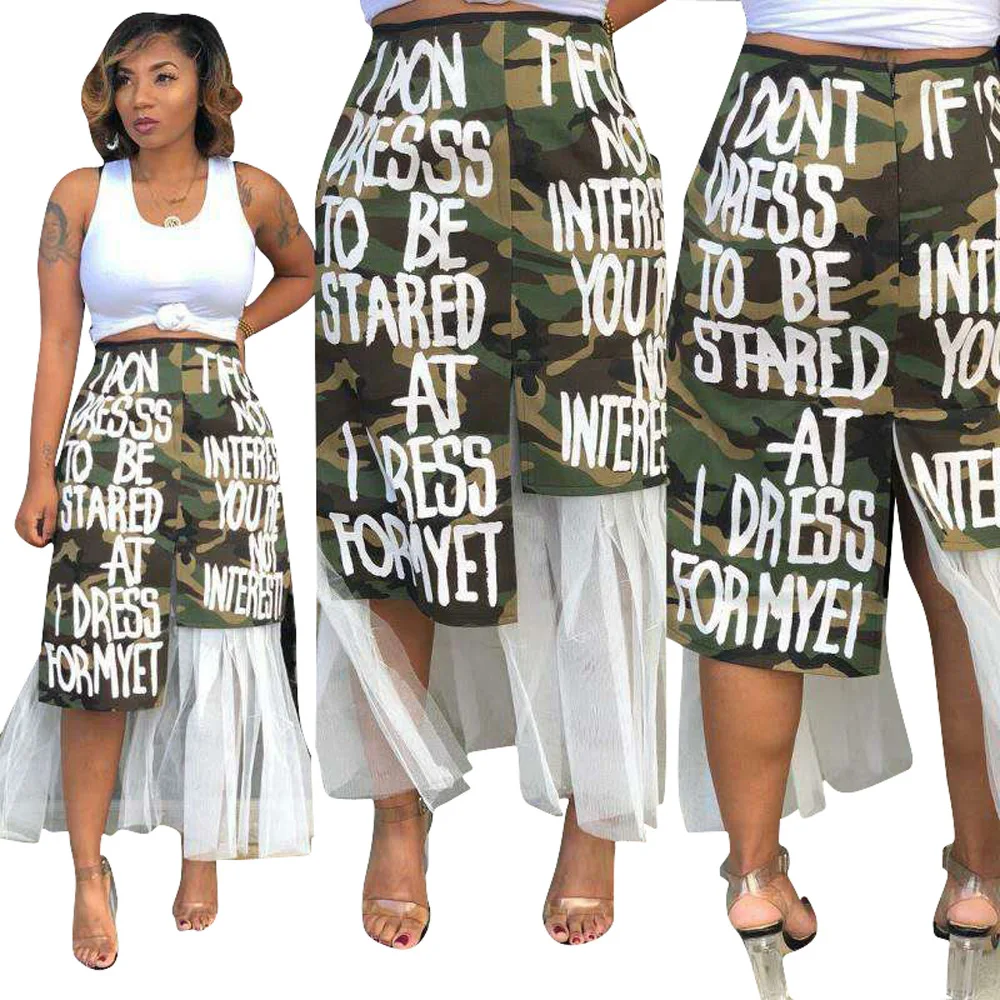 2021 Summer New Design Women Fashion Print Camouflage Mesh Stitching Leisure Skirt