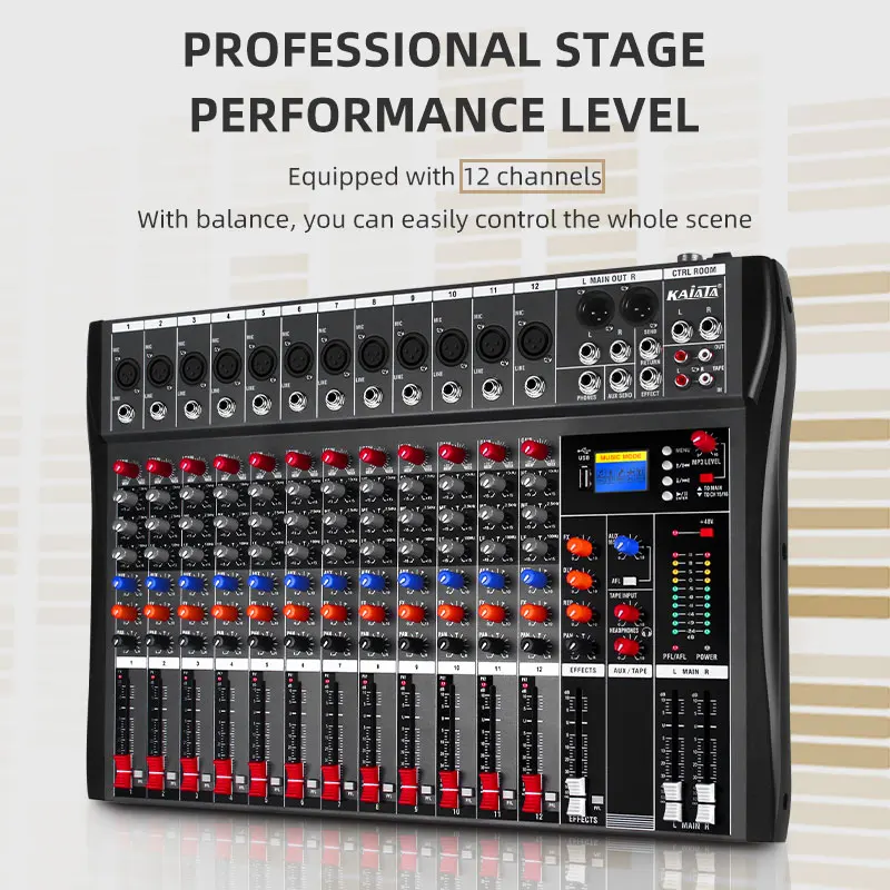 KAIKA CT12  Power Amplifier 48V Phantom Power 12 Channel  Karaoke  Console Professional Audio Mixer