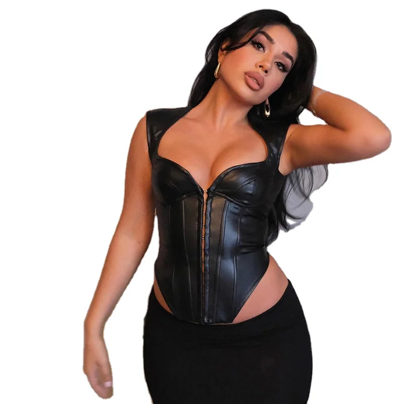 Vintage Women PU Leather Bodysuit Hook Closure Shaper Corset Top