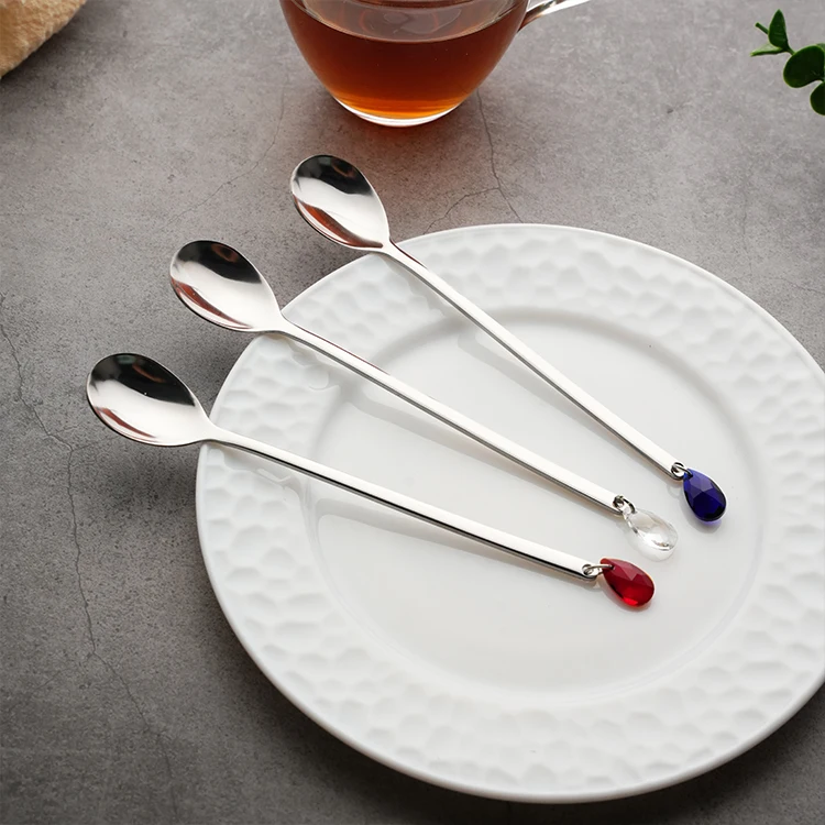 Cheap Tea Spoon For Parties and Gifts Gemstone Pendant Dessert and Coffee Silver Stainless Steel Spoon Set