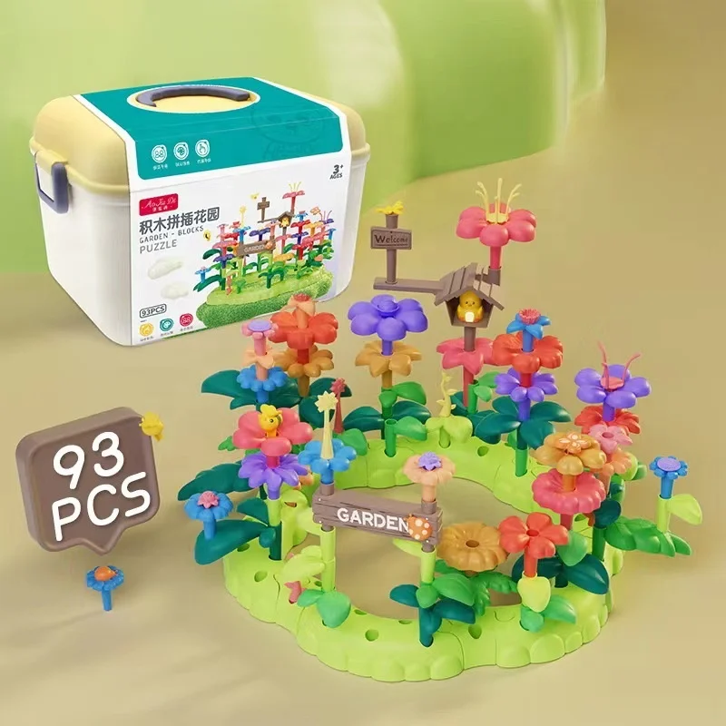93PCS Toddlers Stacking Game Educational Montessori Preschool Girls Kids Flower DIY Garden Building Block Toys Set Gift