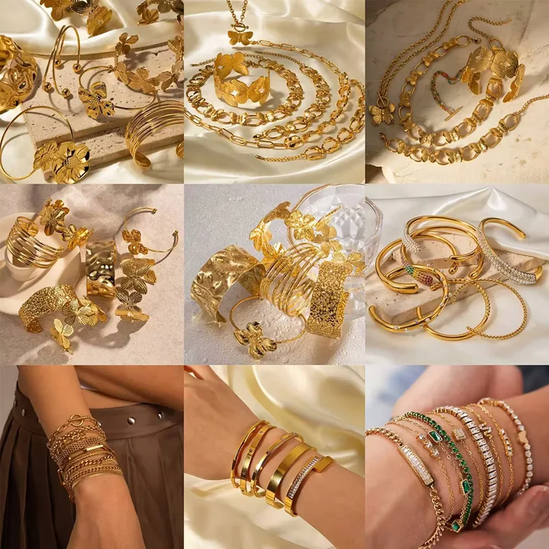 Wholesale Stainless Steel 18K Gold Plated Miami Cuban Chain Bangle Flat Snake Stacking Fashion Jewelry Bracelets & Bangles