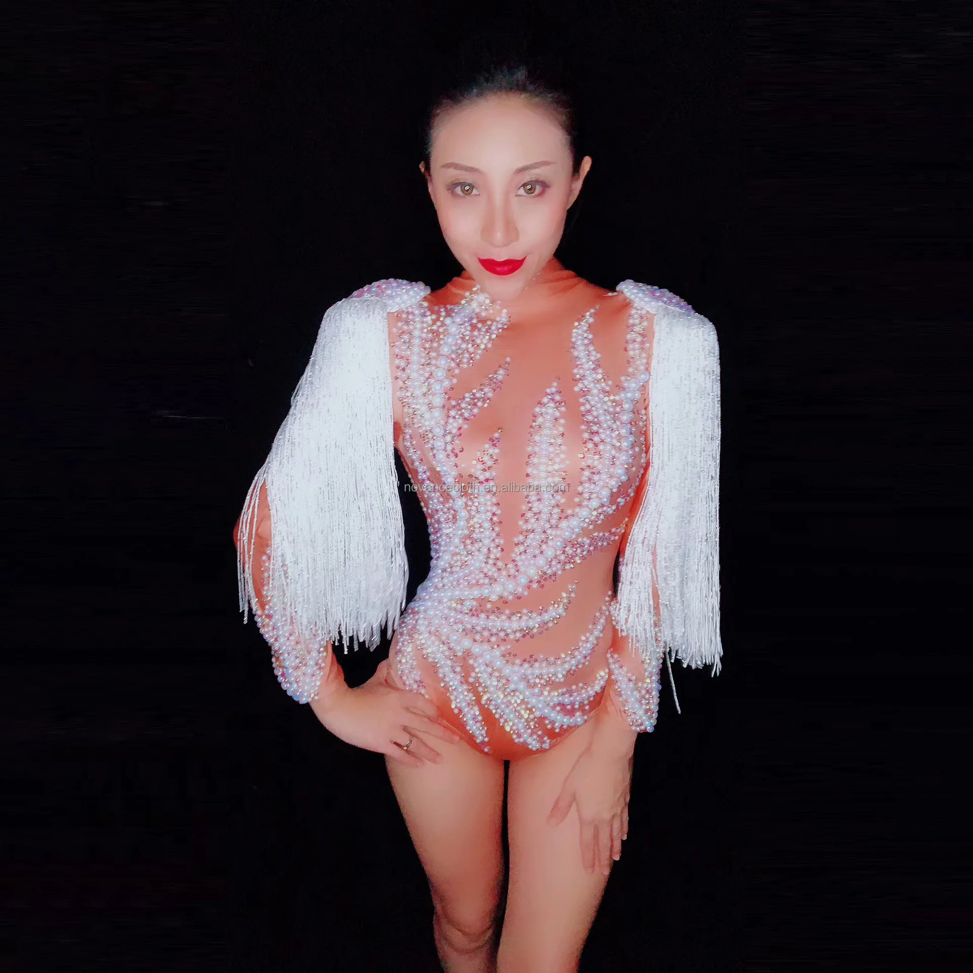 Novance Y1367 Ladies Clothes Tassel Full Diamond Jumpsuit Song Dj Dance Team Costume Print Rompers Mini Party Dress For Women