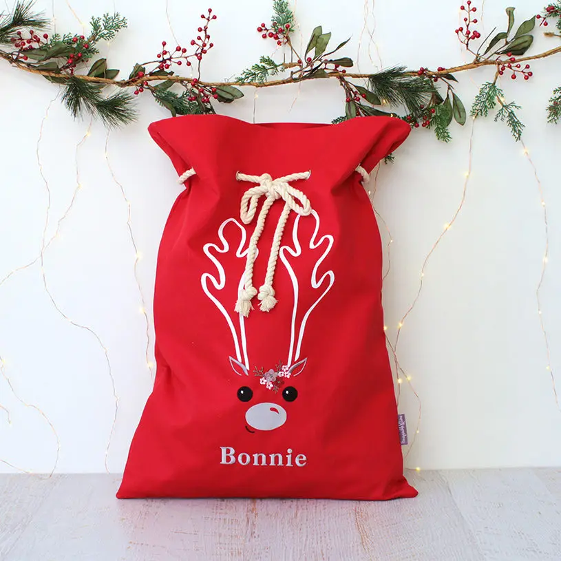 Personalized Santa Sack Ball Printing Red Beige Friends Cotton Rope Large Capacity Santa Sacks