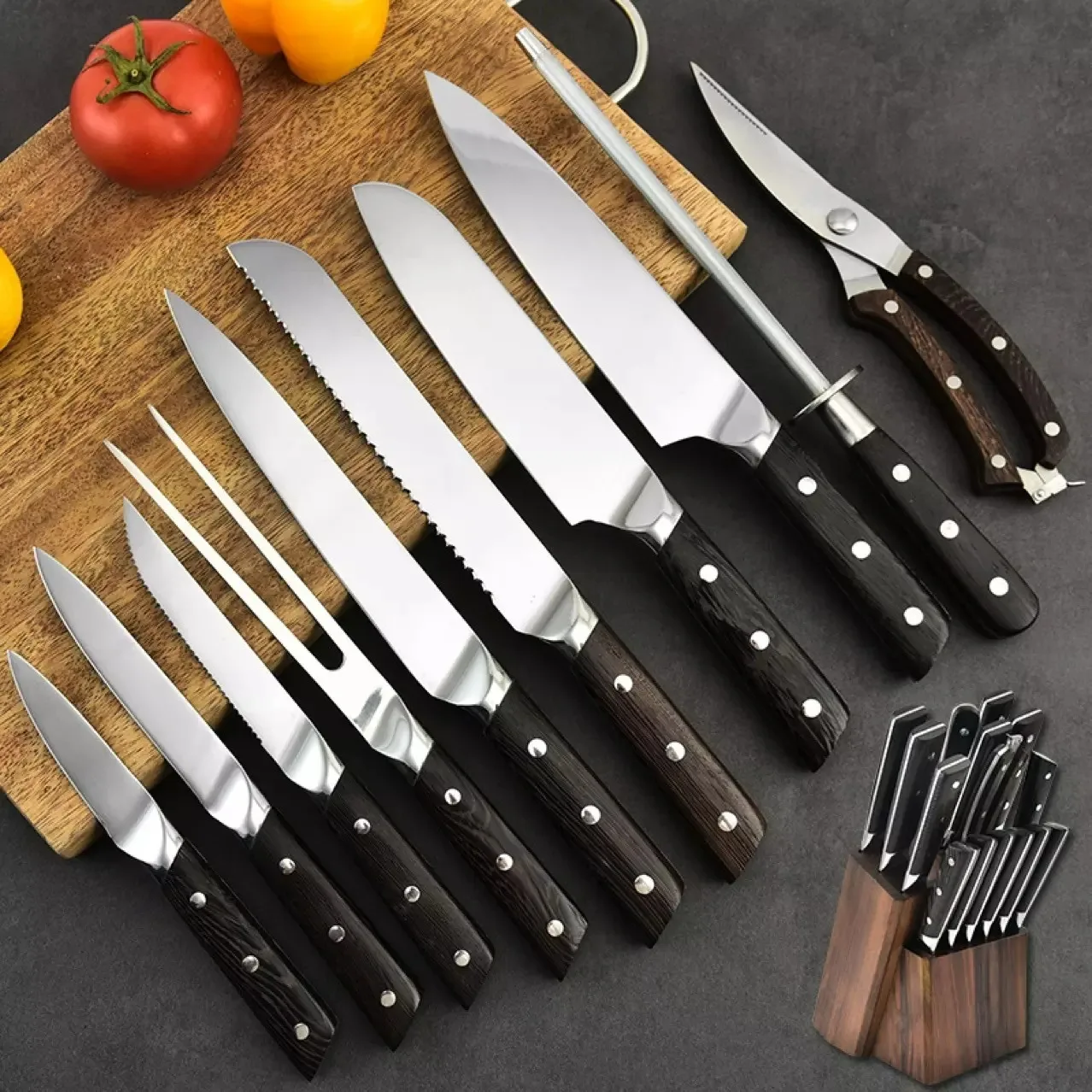 15 piece Japanese knife set Kitchen knife set with block wood Pakka Chef Knife set with scissors