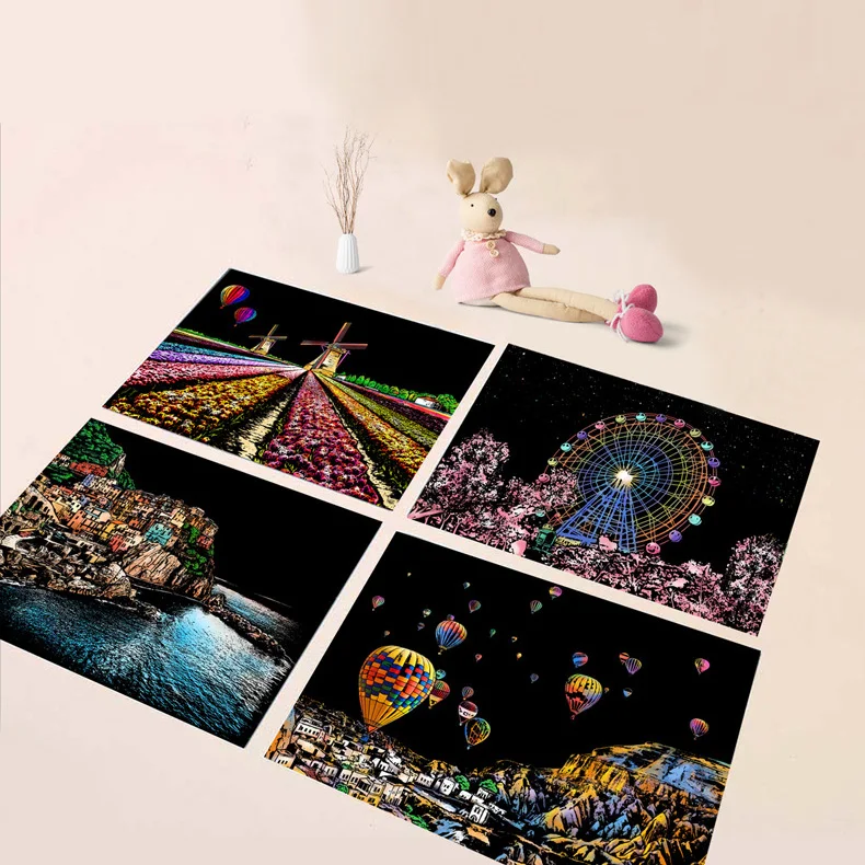 4PCS Set Art Magic Art Paper Scratch Painting Sketch Postcard Rainbow Scratch Paper for Kids Adults