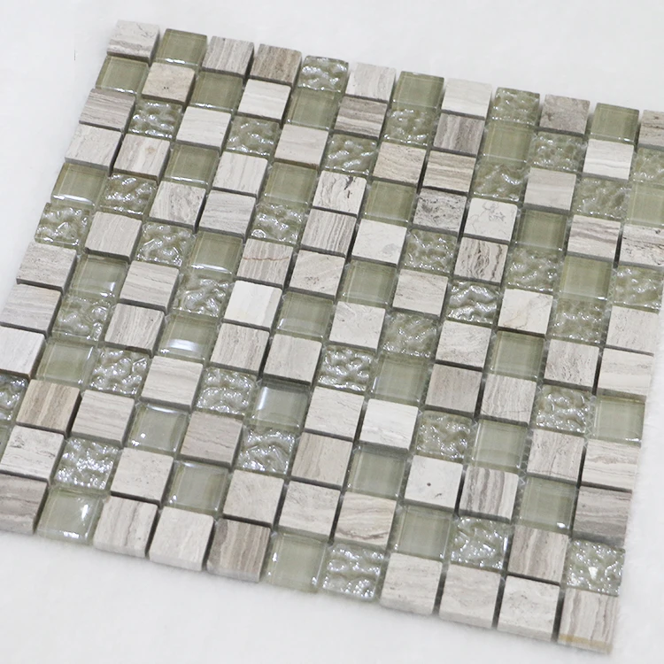 Grey Wood Grain Marble mixed glass mosaic anti slip bathroom tiles outdoor swimming pool wear-resistant tiles