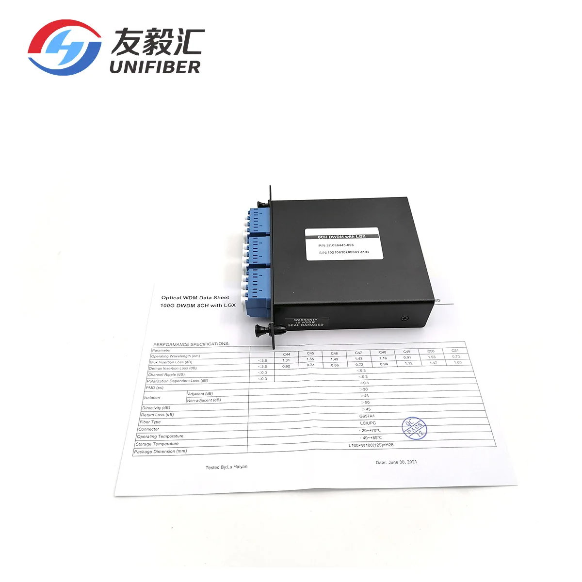 8CH 100Ghz DWDM Mux Demux Passive Optical Multiplexer LGX Cassette LC/UPC C44-C51