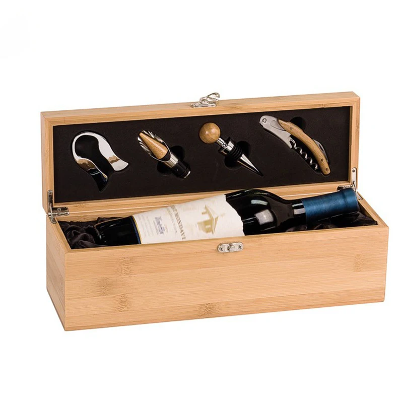 Custom top grade bamboo wine box gift box with 4 wine tools