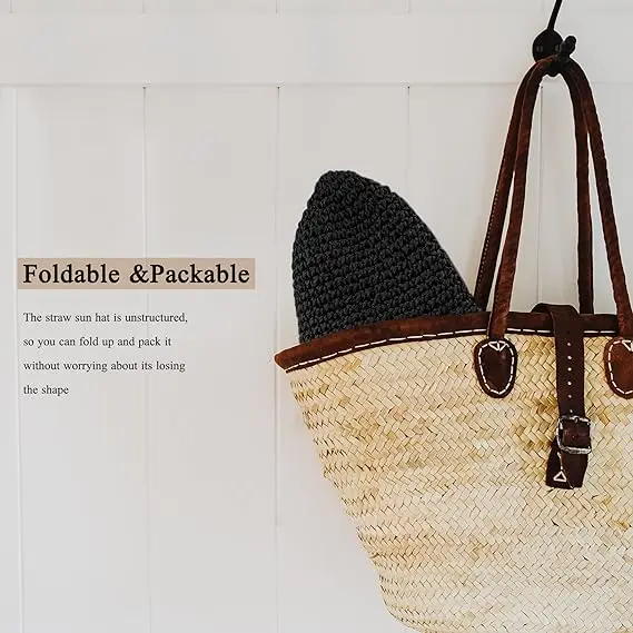 Straw Sun Hat Foldable Packable Wide Brim Summer Beach Hat Crochet Bucket Hat for Women