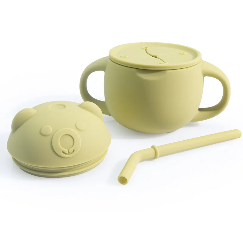 2-in-1 Silicone Training Cup, Baby Sippy Cup with Straw & Snack Lid for 6 months+ Break Resistant, Toddler Smoothie Cup