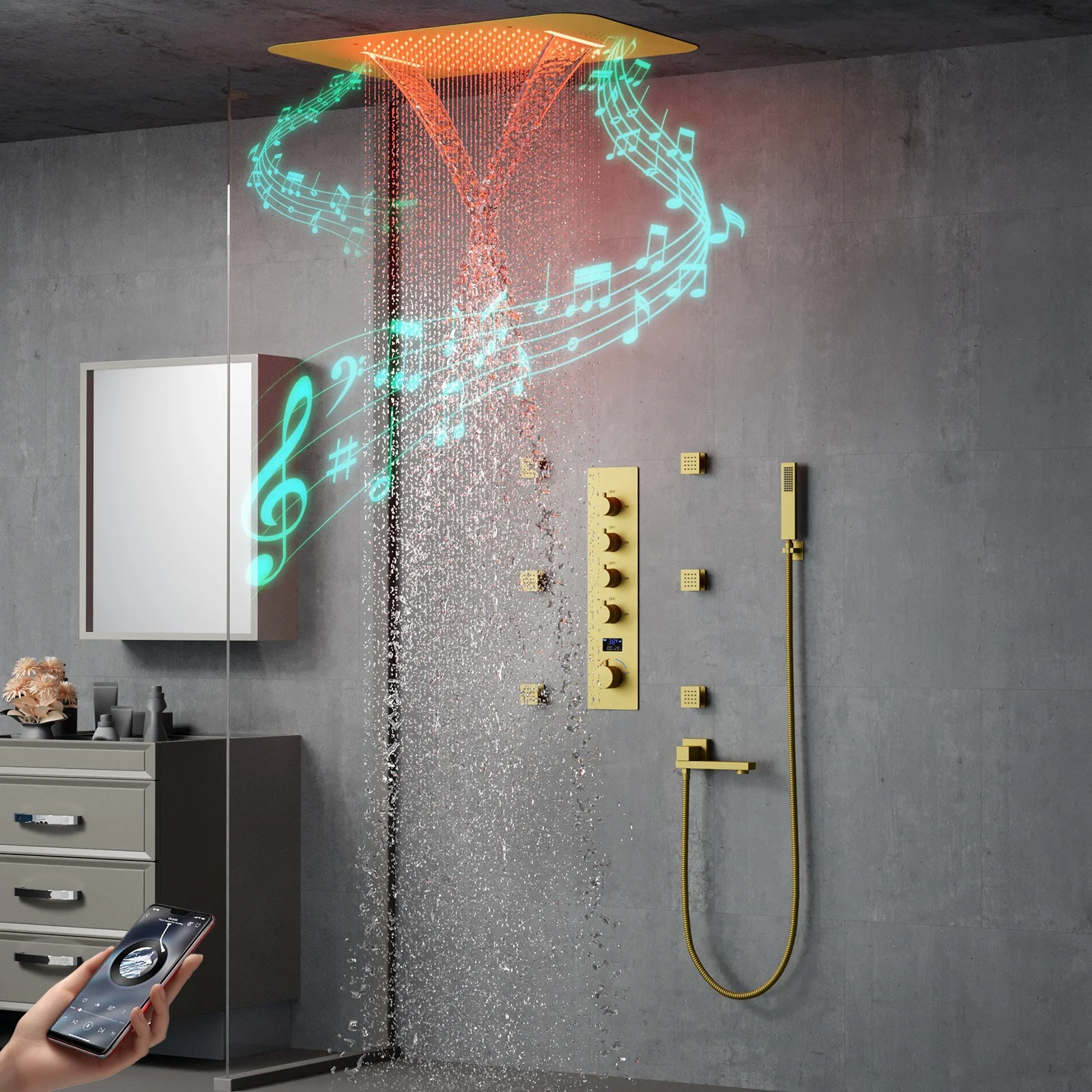 Ceiling Shower Set 58*38cm Rain & Waterfall LED Music Shower Head Cold and Hot Bathroom Temperature Display Gold Shower System