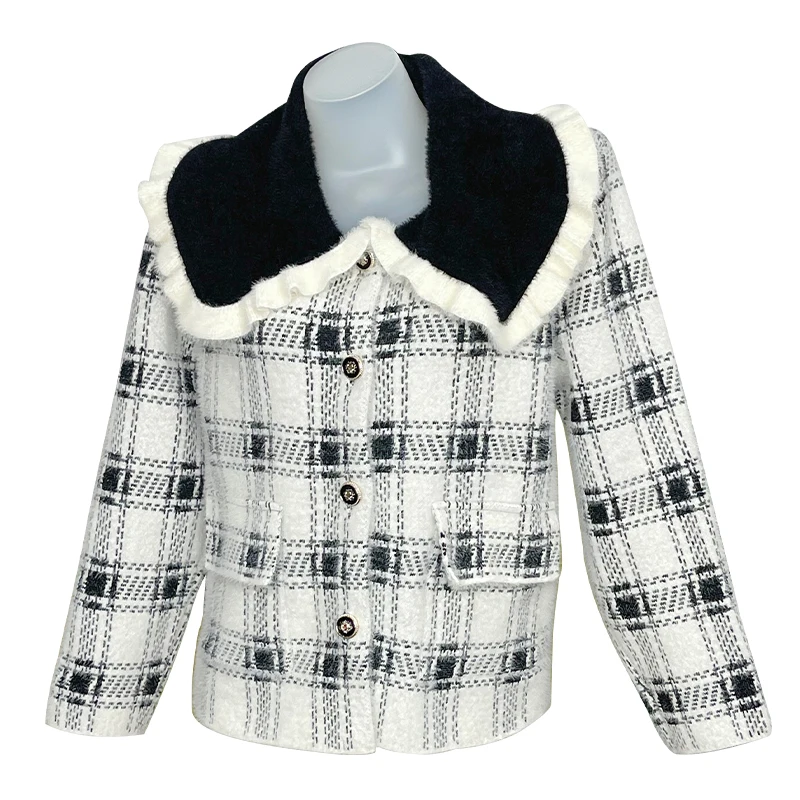 Wholesale womens spring autumn bomber jacket white black turn-down collar knit jacket