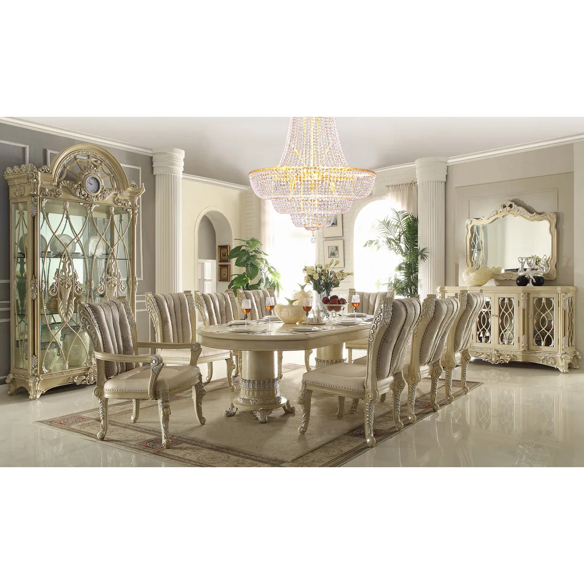 Classic Italian Wood Carving Oval Dining Table Set With White And Gold Elements