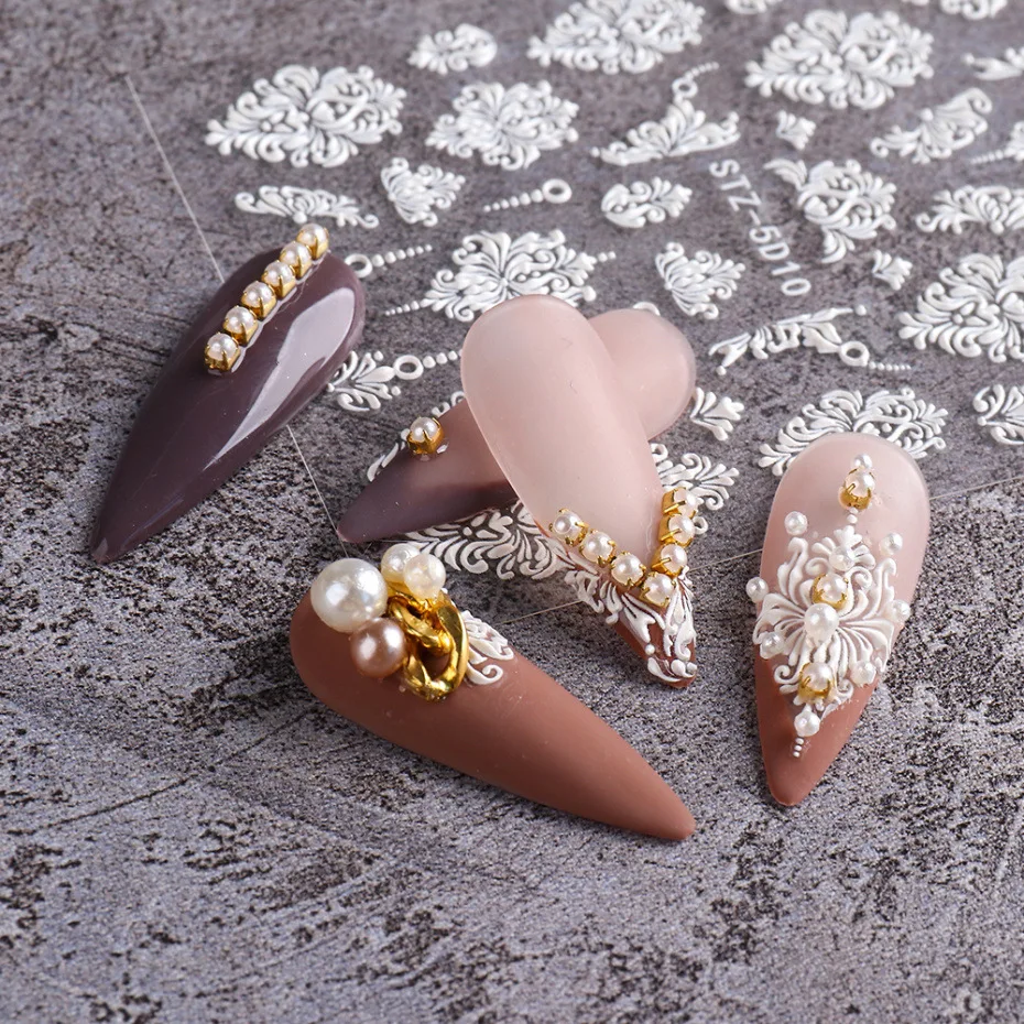 New 5D Acrylic White Wedding Design Nail Stickers Embossed Flower Lace Adhesive Decals French Winter Sliders DIY Manicure Decor