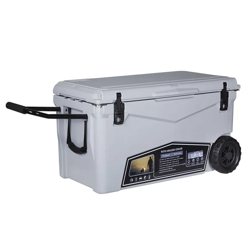 new design 70qt with wheels camping and fishing water rotomolded ice chest cooler box, cool box with bottle opener