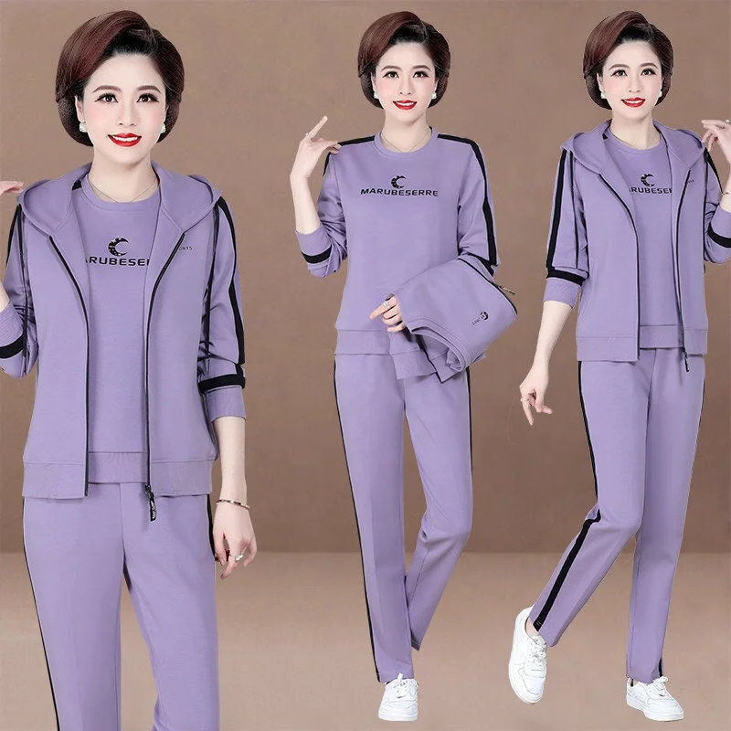 Spring and autumn middle-aged and elderly fashion hooded loose ladies sports vest	 3 piece suit women