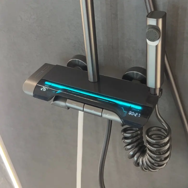 2024 latest new trend design 4 functions gun metal grey color shower set with temperature show and ambient LED light