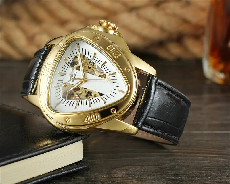 Winner Triangle Golden Skeleton Transparent Motorcycle Racing Design Mens Automatic Wrist Watch Top Brand Luxury Male Clock