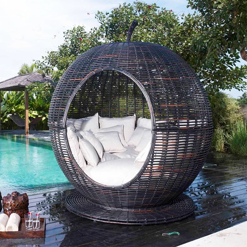 Mojia outdoor furniture swimming pool round  couch Homestay Resort villa with sturdy steel frame gazebo tent rattan sofa set