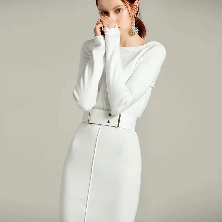 Autumn Turtle Neck Black White Knit Midi Dress Long Sleeves Work Office Lady Women Career Dresses