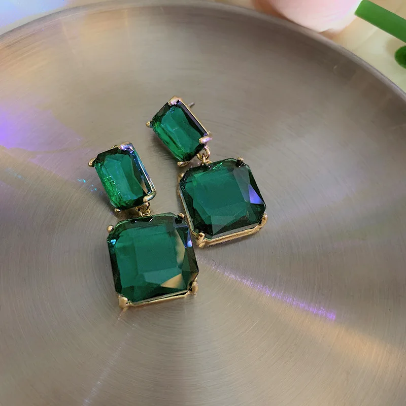 European Style Square Green Gemstone Dangle Earrings Trendy Elegant Green Bowknot Fur Drop Earrings