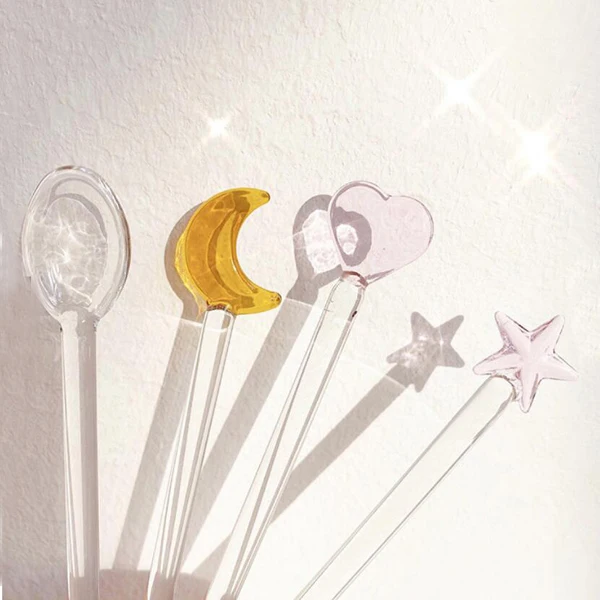 Handmade lovely pink Heart,star,moon,flower shape decorative glass drink stir swizzle sticks frozen drink cocktail bar stirrer