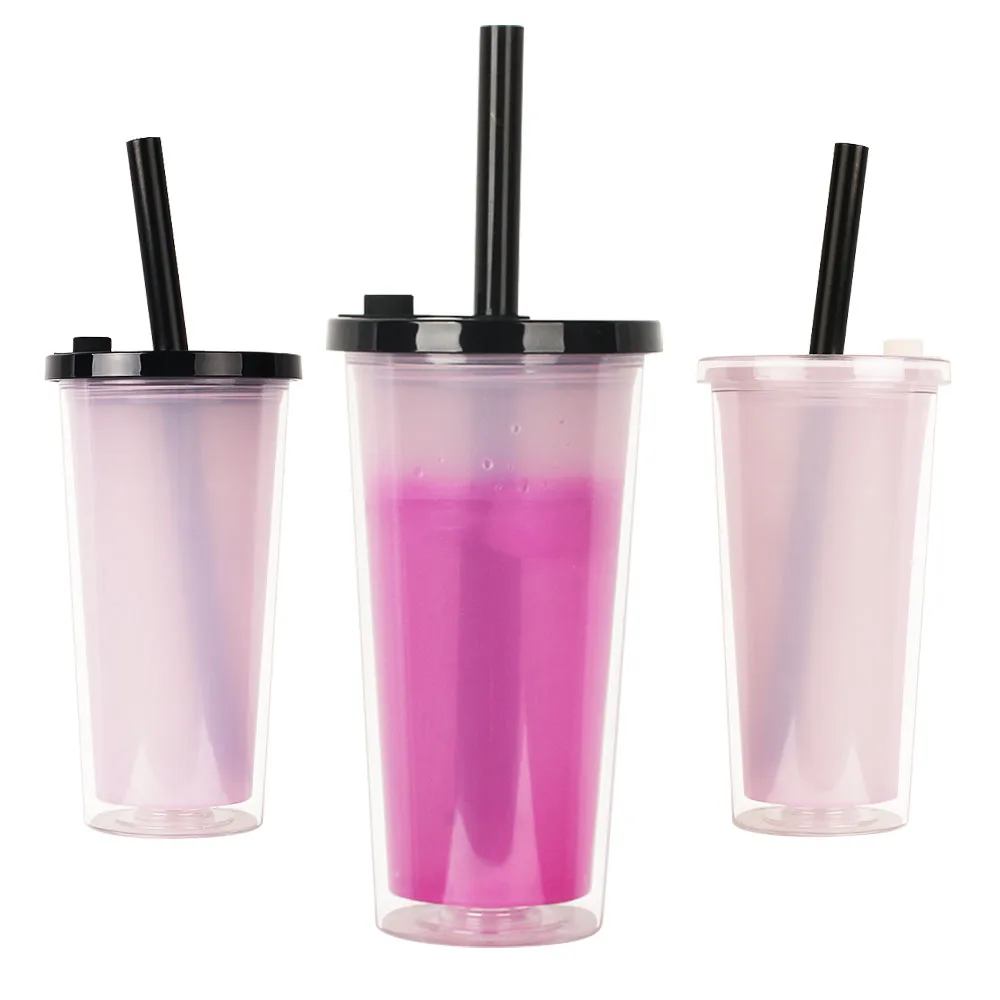 
New Design 20oz 24oz Insulated Acrylic Milk Tea Boba Cup Color Changing Double Wall Bubble Tea Tumbler Cups With Straw 