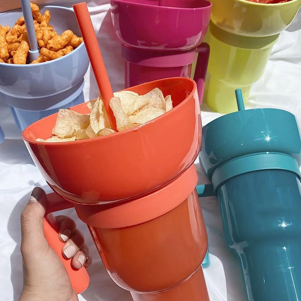 Tik Tok Hot Straw Drink Forest Popcorn Cup Snack And Drink 2 In 1 Drinking Cup Mug Stadium Tumbler With Snack Bowl