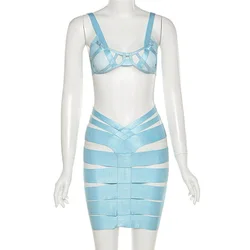 Fahion Women Clothing Summer Sexy Nightclub 2 Piece Set Perspective Hollowed Out Vest Hip Wrap Skirt Suit