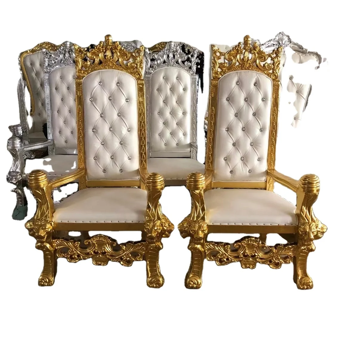 Luxury Antique High Back Throne Chair in Classical Gold/Silver Wood Carving White Leather Hotels Living Rooms Bars Entrances