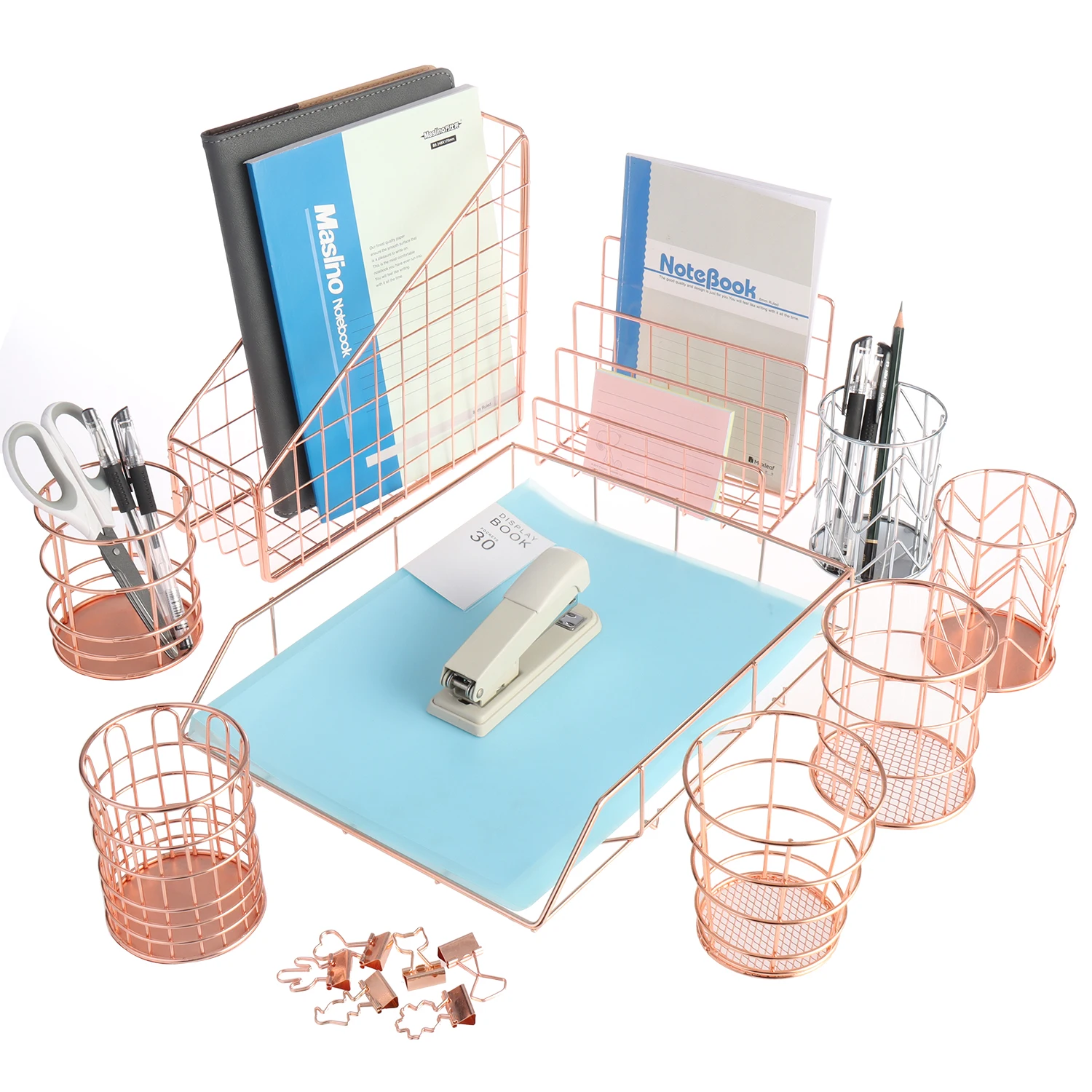 Rose Gold Metal 9 Piece Letter Organizer File Tray Magazine Holder Pen Holder Desk Organizer Set Office Sets Stationery Set