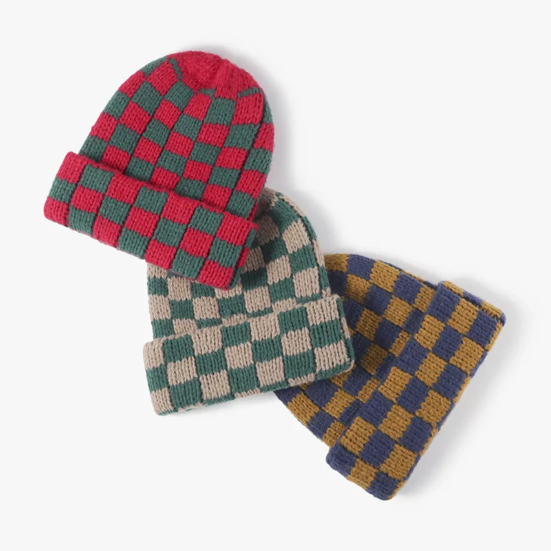 Classic Fashion Winter Warm Thickened Unisex Cuffed Plaid Crochet Multi Checkered Knit Beanie Hat