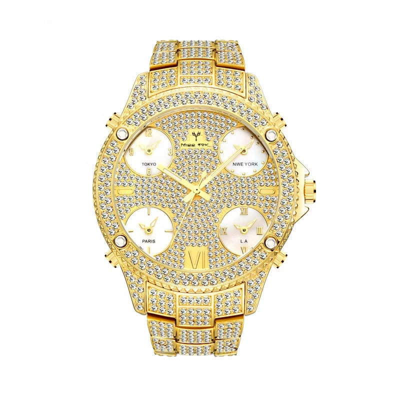 Luxury Waterproof Big Face Dual Time Diamond Watches Men Wrist Bling Hip Hop Gold Iced Out Watch