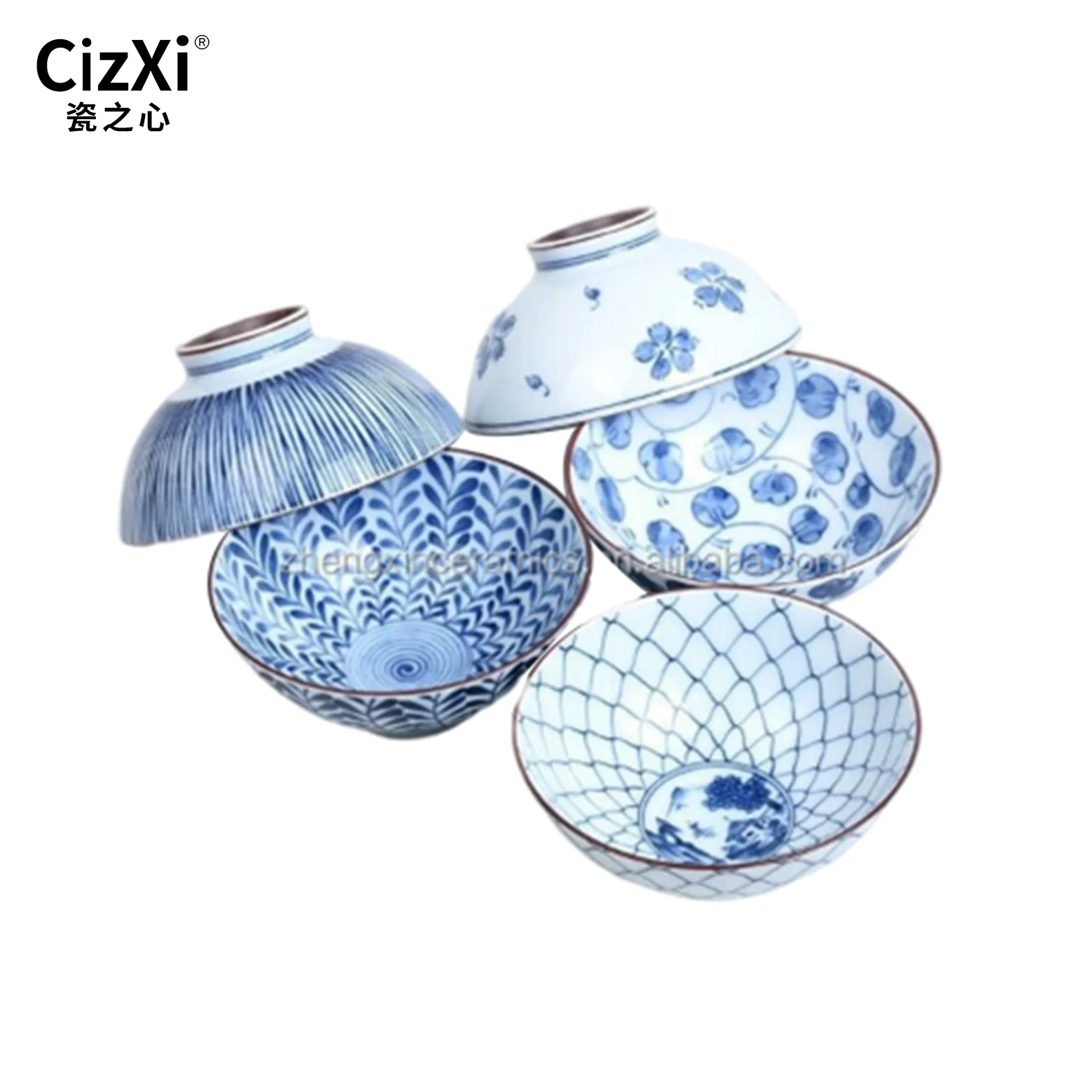Japanese creative striped tableware set printing funnel-shaped dessert tableware blue and white porcelain rice bowl